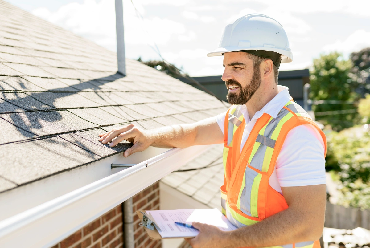 roof tech inspecting gutters of a roof