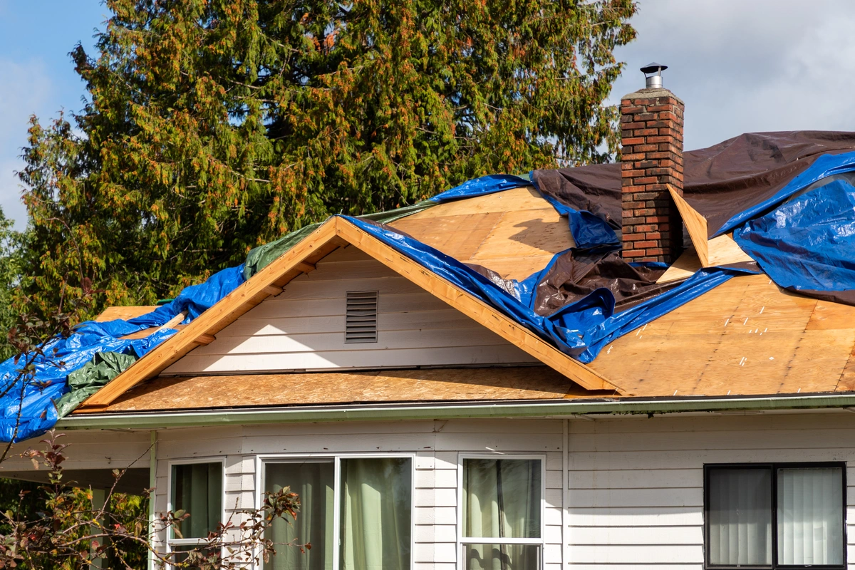 white home without shingles on roof and blue tarps covering some areas