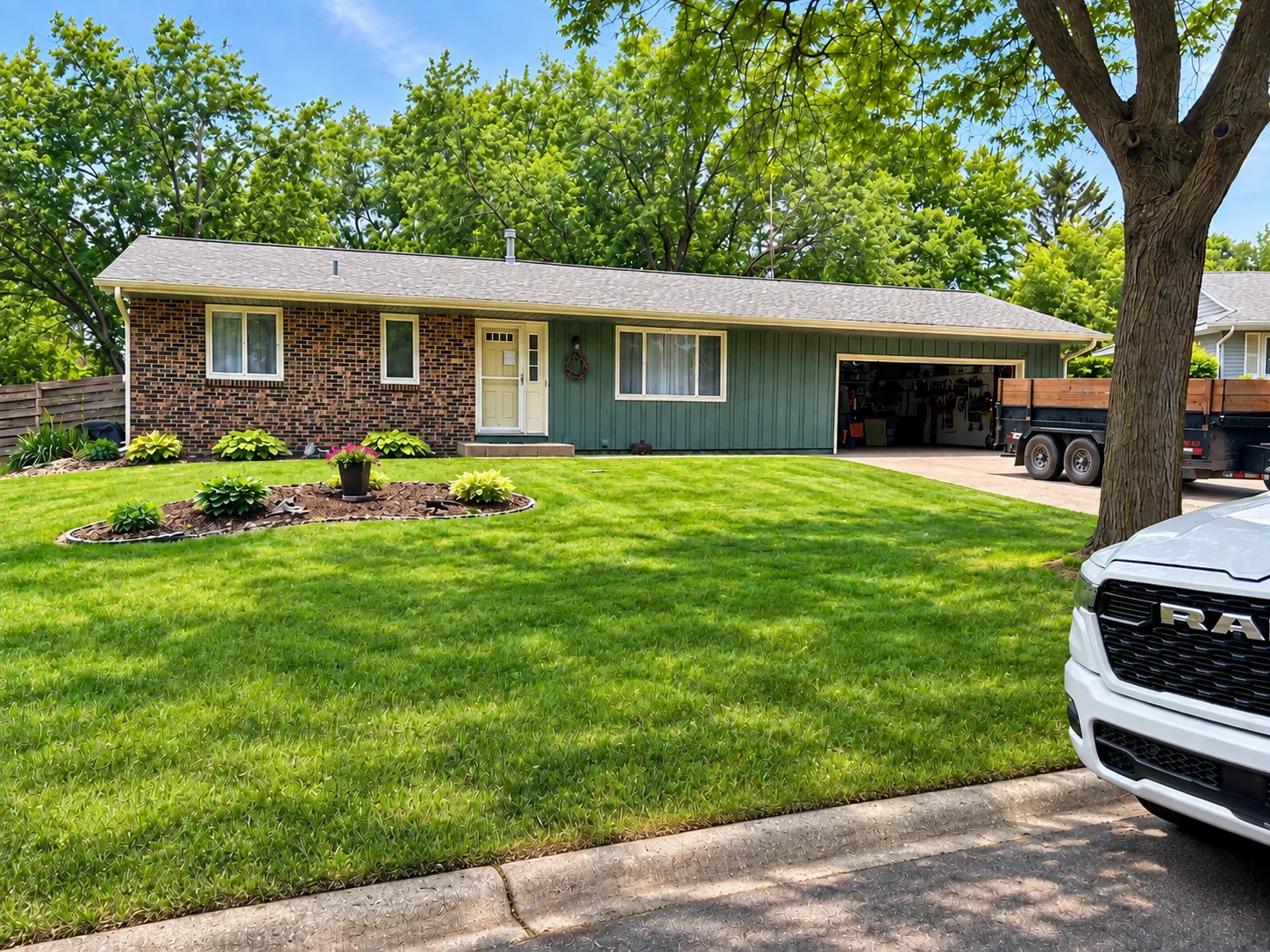 Completed gray shingle roof on a single-story brick and siding home