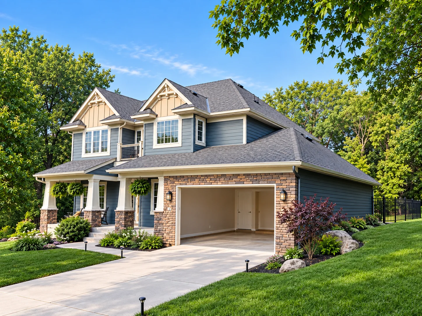 Completed gray shingle roof on a two-story home